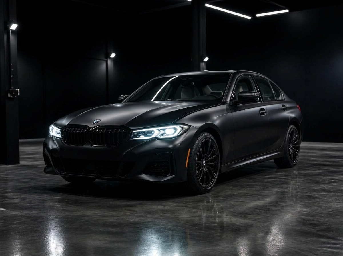 Sedán BMW antes y después de wrap negro satinado en estudio oscuro