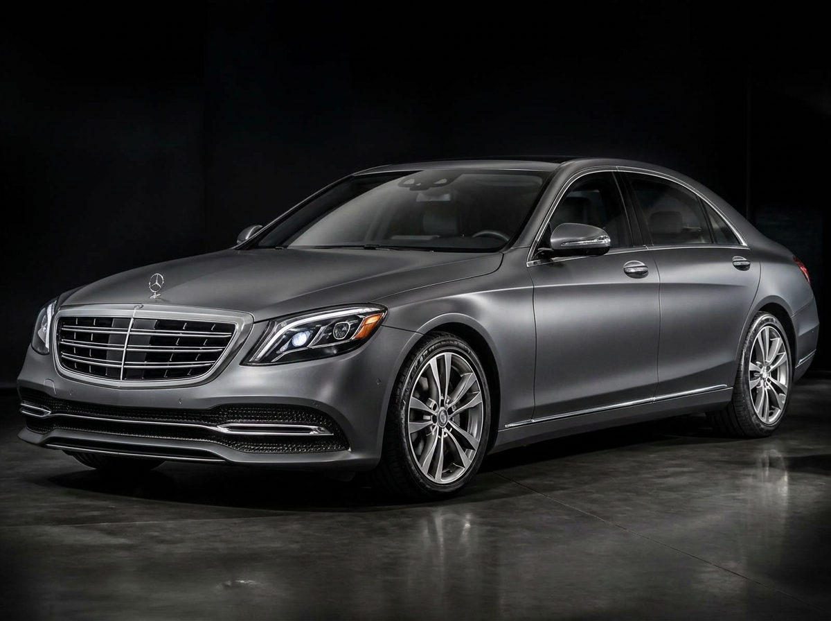 Mercedes Clase S antes y después de wrap gris mate en estudio premium